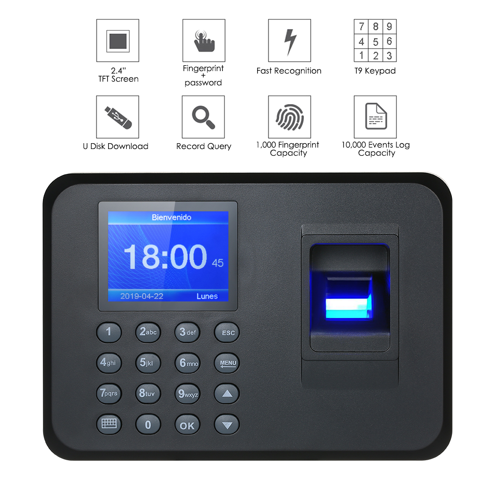 Biometrisk fingeraftryk tilstedeværelses maskine 2.4 "tft lcd display usb fingeraftryk fremmøde system medarbejder check-in optager