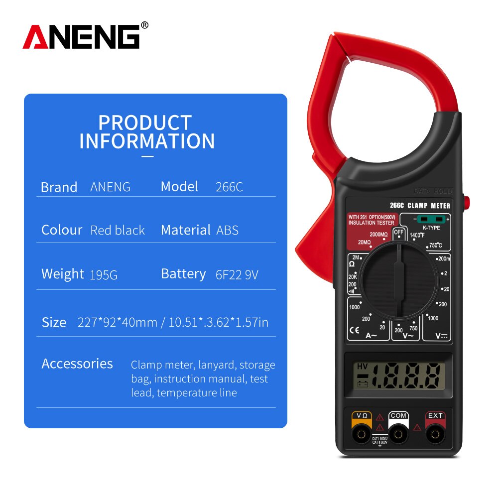 ANENG 266C Digital Current Clamp Meter Buzzer Data Hold Non-contact True RMS AC/DC Multimeter Ohm Ammeter Tester