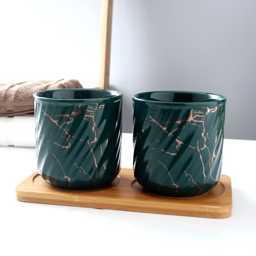 Ceramics 270ml Brushing Cup Simple Style Mouthwash Cup Marble Thread Lotion Bottle Separate Press-type Empty Bottle Couple Suit: M