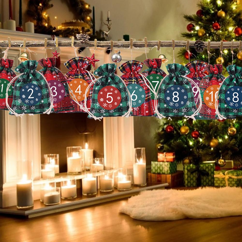 Christmas Advent Calendar Plaid Cloth Bags Set Christmas Drawstring Bags 24 Days Hanging Countdown Calendar Candy Bag