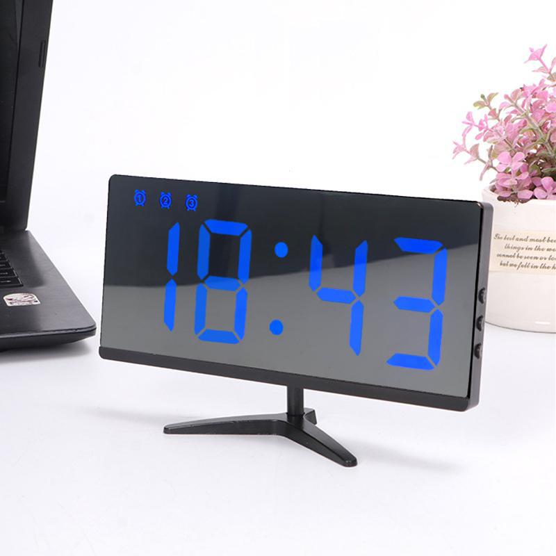 LED Digital large number display Temperature Alarm Clock Electronic nixie clock usb charge Mirror watch of Home Decoration: black shell blue