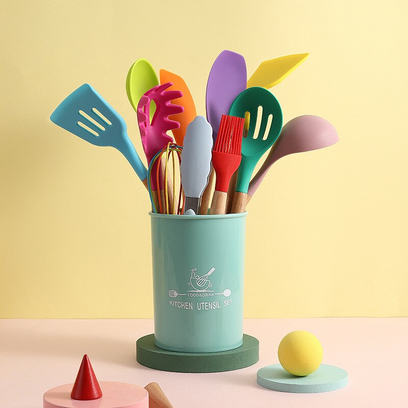 12 Stks/set Food Grade Siliconen Koken Gereedschap Keuken Non-stick Ei Kloppers Spatel Keukengerei Huishouden Houten Handvat Item
