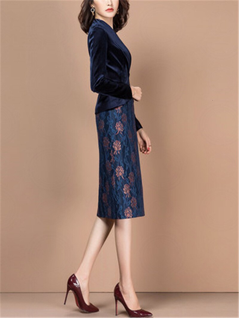 Otoño Invierno trajes mujer Oficina señora terciopelo Blazer chaqueta Floral impreso lápiz longitud de la rodilla vestido de dos piezas Set Ropa de Trabajo