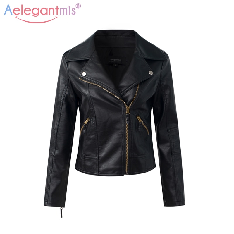 Aelegantmis Classic Black PU Leather Jacket Women Cool Slim Short Motorcycle Jackets Ladies Autumn Coat Basic Street Outerwear