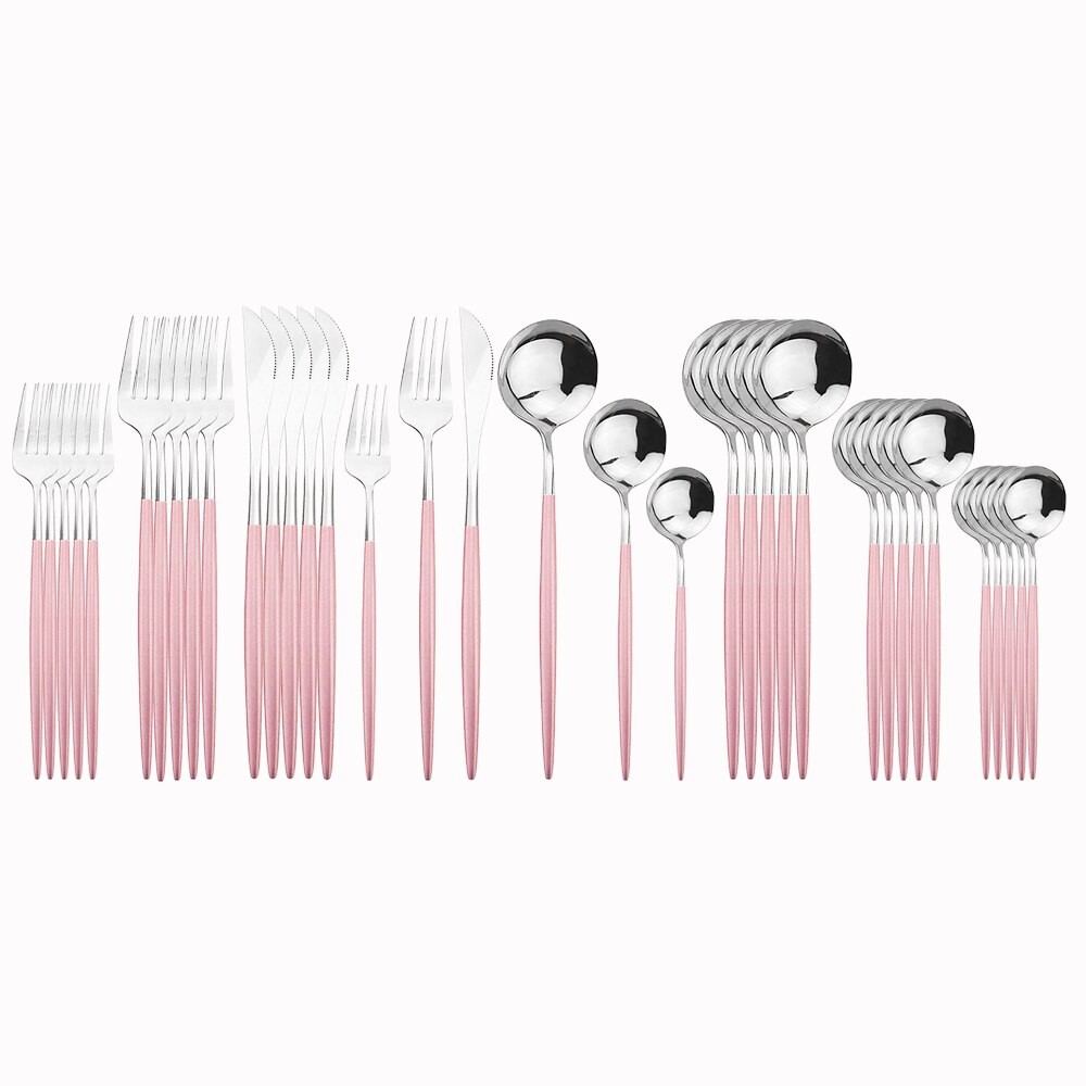 36 stk sort guld bestik sæt 18/10 rustfrit stål guld spisestel home western ske gaffel kniv bøf spisestel service sæt: Lyserød sølv
