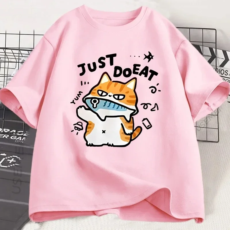 Engraçado gato comer peixe camiseta para mulheres verão topos camisetas o pescoço roupas femininas streetwear manga curta t camisa