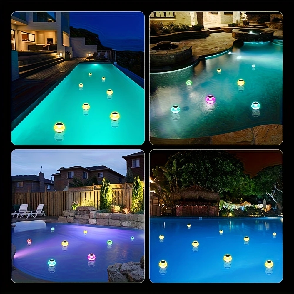 Led-solar-schwimmlampe für pools, solarbetrieben, wasserdicht, leuchtet und zeigt drei beleuchtungsmodi.