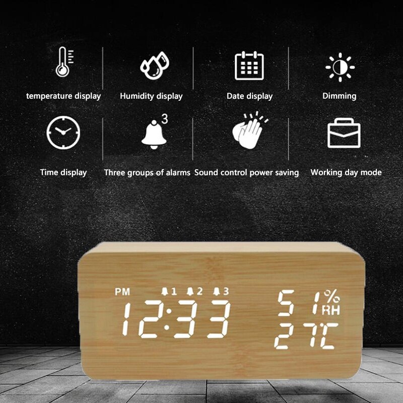LED Wooden Temperature and Humidity Alarm Clock Table Voice Control Digital Wood Electronic Desktop Clocks Table Decor