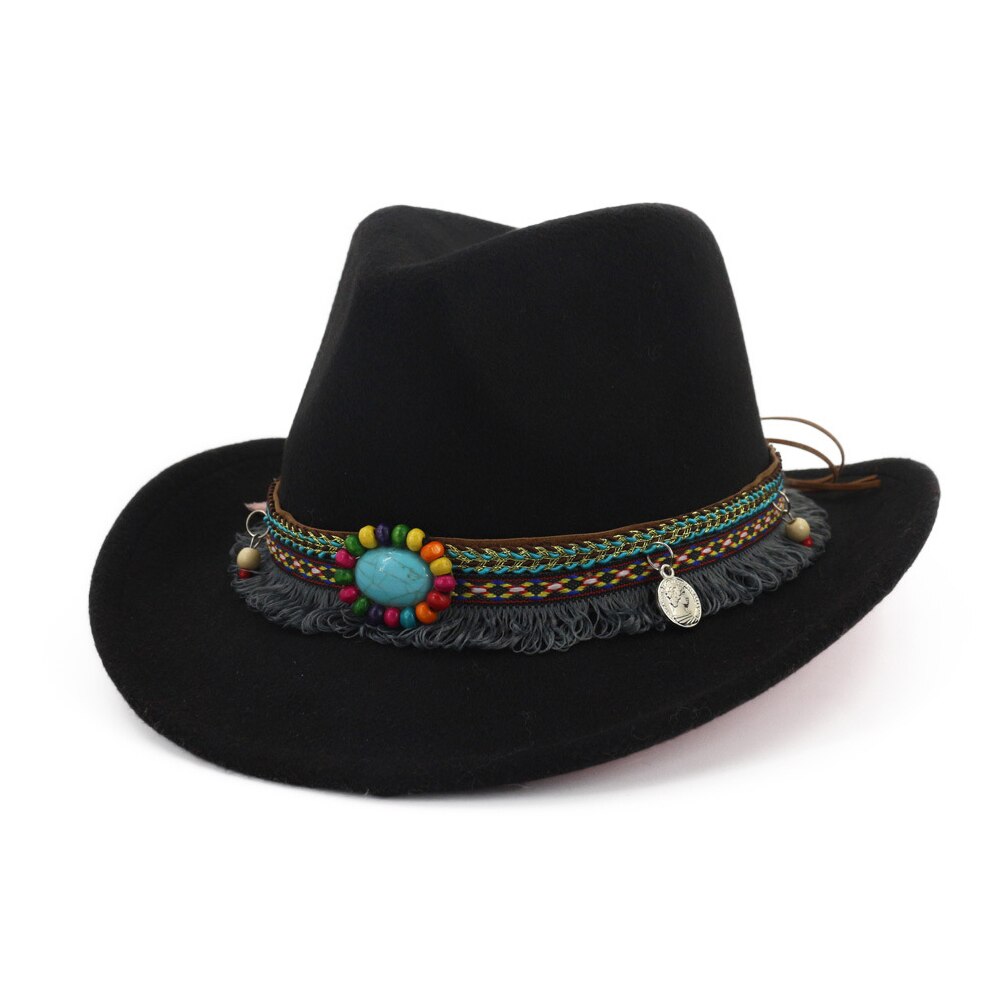 Mænd kvinder western cowboy fedora hat med kvastbånd pop bred kant hat jazz hat sort størrelse 56-58cm: Sort