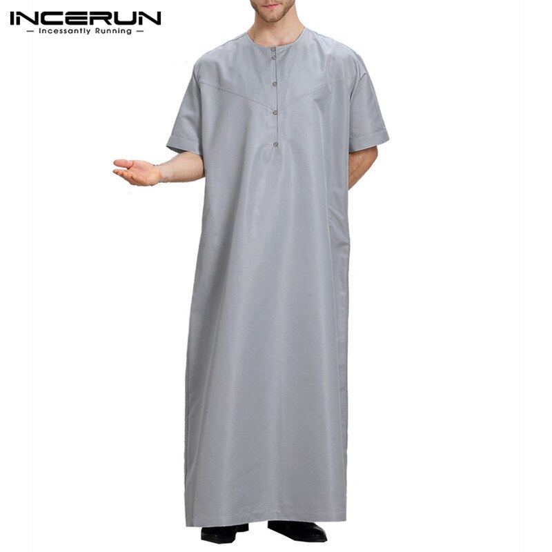 Plus size 5xl muslimsk arabisk tøj dubai mænd kjole thobes kortærmet afslappet morgenkåbe mellemøsten mænd islamisk muslim kaftan incerun: Grå / M