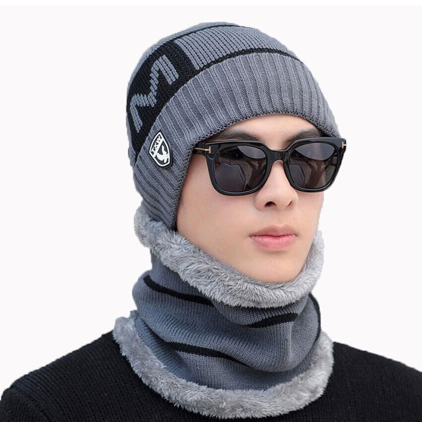 Varm vinter mænd hat tørklæde til uld kvinder hætter og tørklæder stribe brev strikkede beanies cap 2 stk sæt mandlige skullies maske motorhjelm