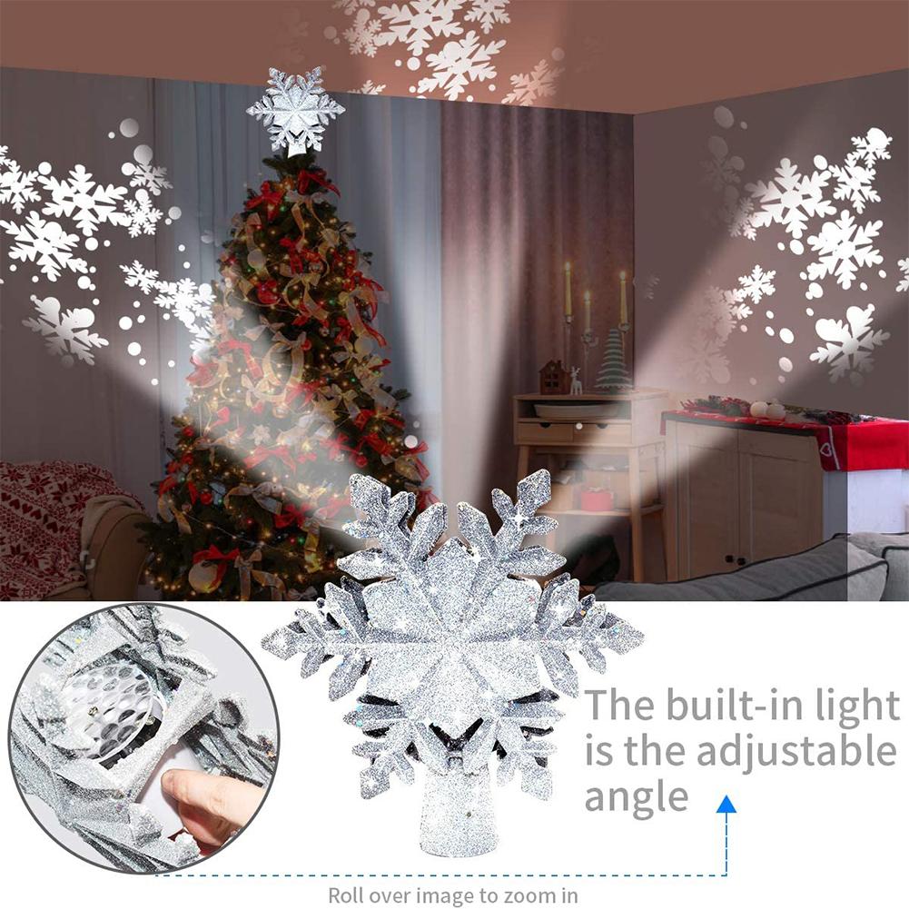 Christmas Tree Topper Lighted with White Snowflake Projector Rotating 3D Glitter Lighted Christmas Decorations for Tree