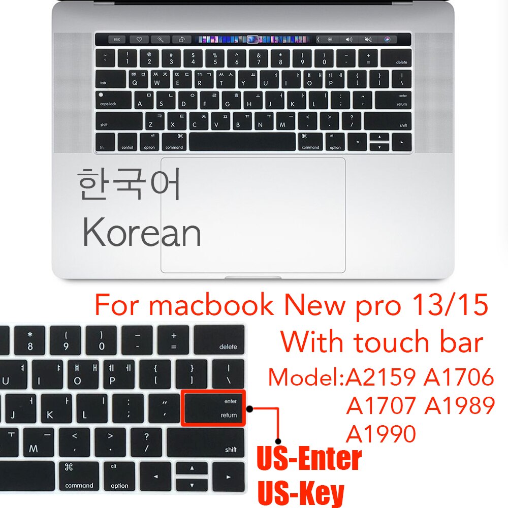 Funda protectora para teclado coreano US-Enter, para Macbook Pro 13Air 11 12 15 touchbar A2159 A1466 A1932/A1990/A1398/A1708: Newpro13 15US-Enter