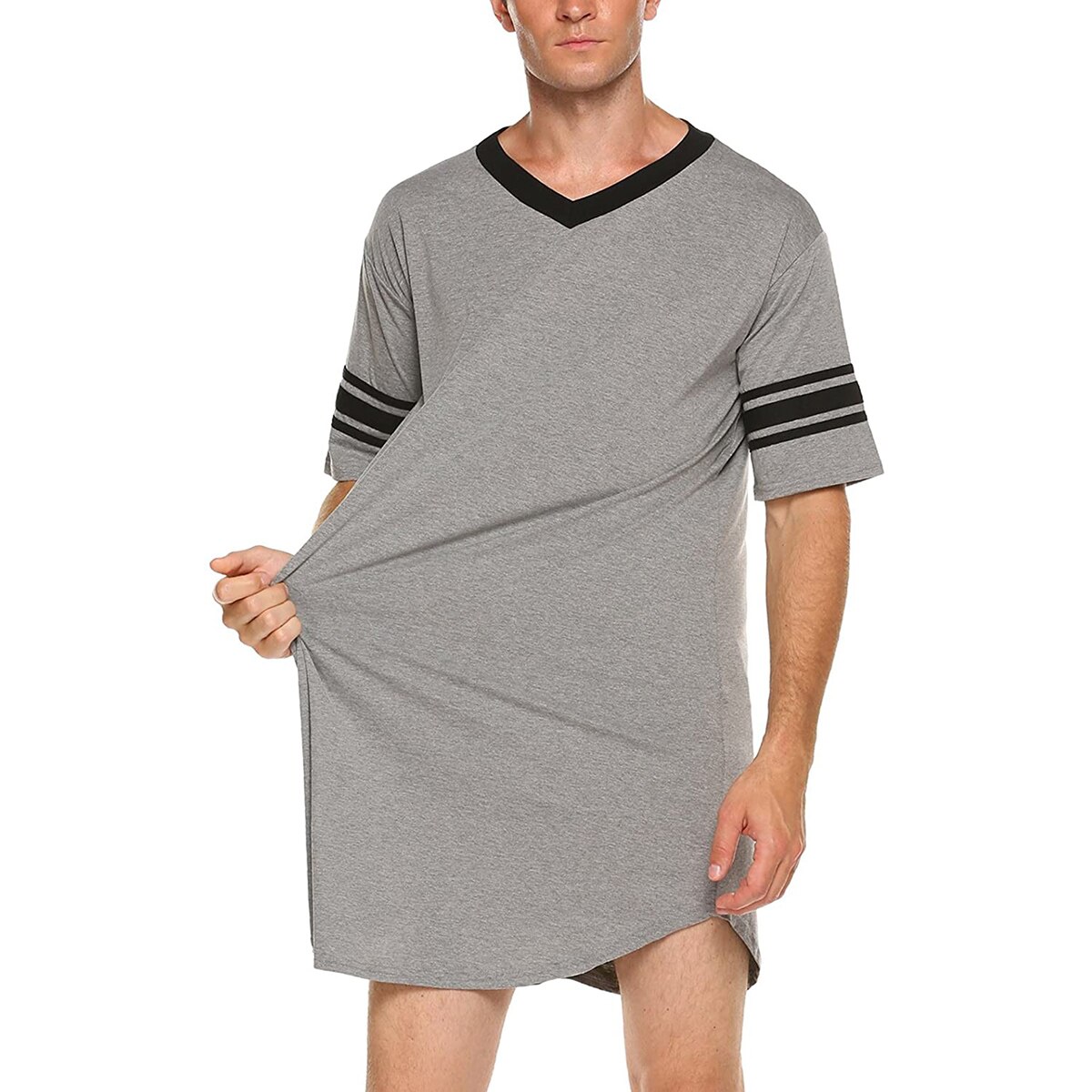 Men Cotton Nightshirt Short Sleeve V-neck Soft Loose Nightwear Comfortable Men Sleepwear Male Homewear Sleepshirts