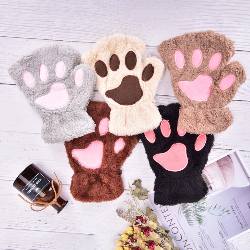 Soft Plush Short Fingerless Fluffy Bear Cat Gloves Costume Half Finger Black Beige Women Cute Cat Claw Paw Plush Mittens Warm