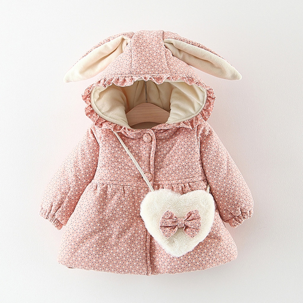 Carino cappotto Del bambino della ragazza Del bambino del bambino vestiti della ragazza di inverno Increspato dell'orecchio di Coniglio di Spessore Cappotto Caldo Outwear giacche infantili + Borsa куртка детская