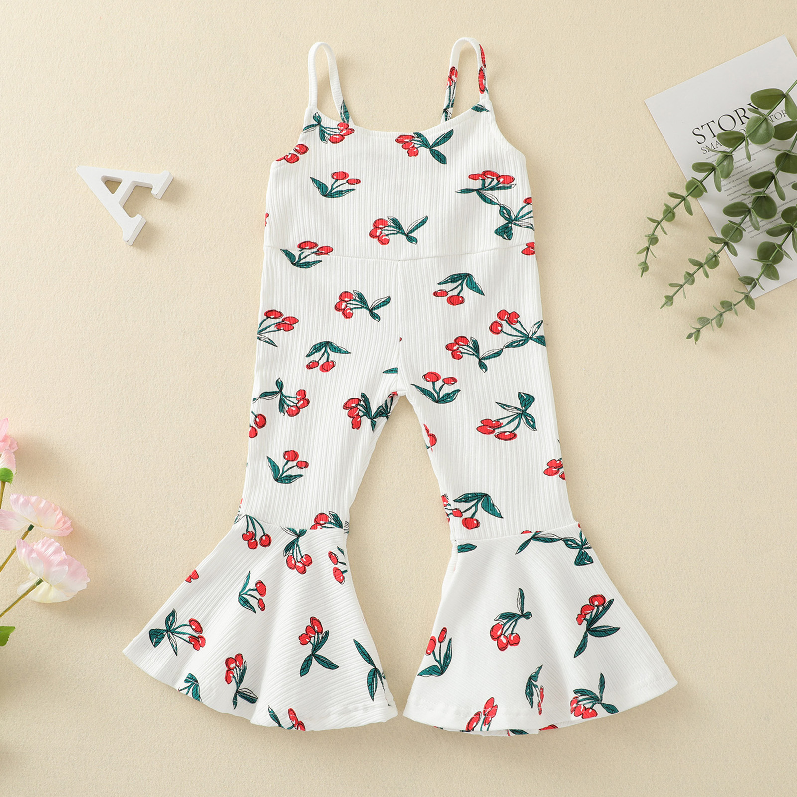 1-5Years Meisjes Jarretel Jumpsuit, Zomer Peuters Bloemen/Cherry Printing Mouwloze Bell Bodem Siamese Broek