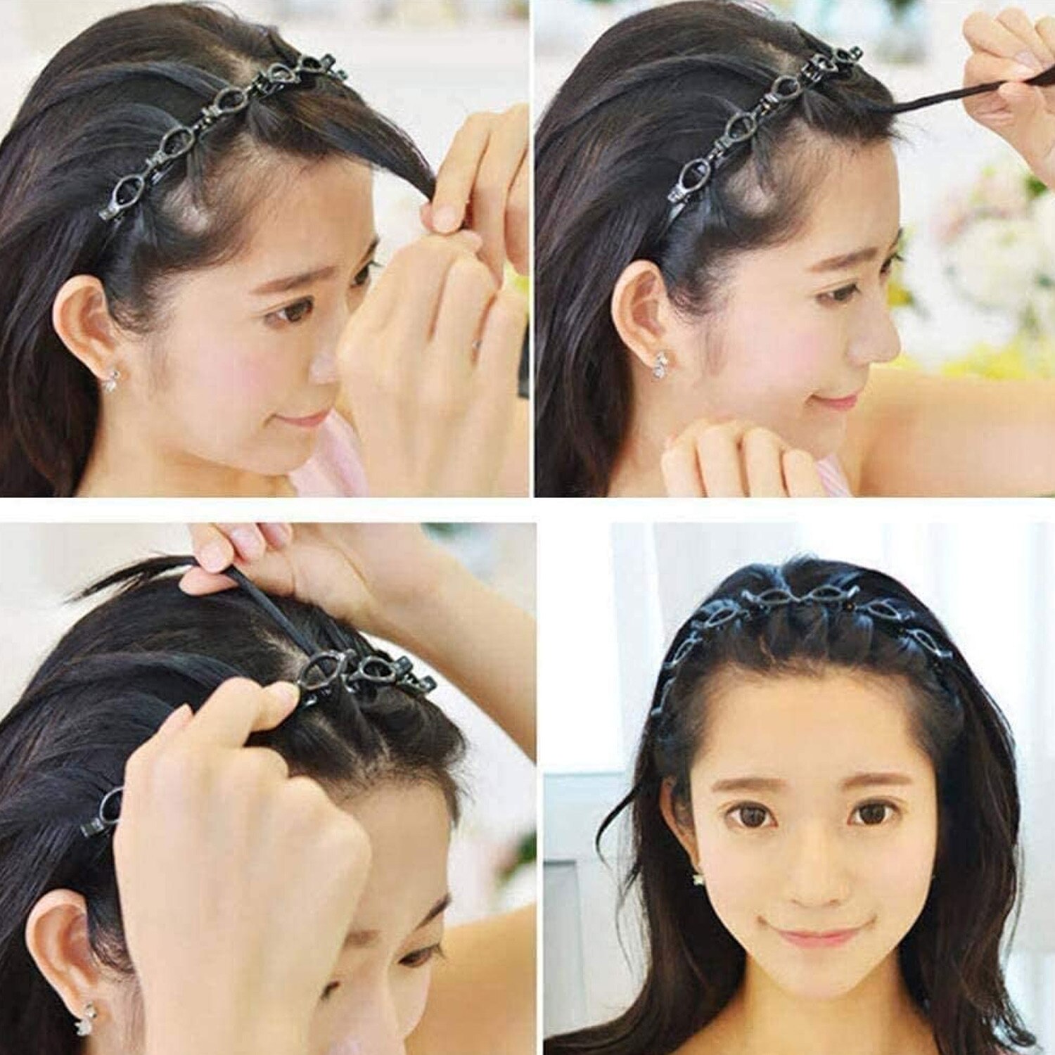 2Stck Doppel Pony Frisur Haarnadel Twist Zopf Haarband Stirnband Haar Band Band + 2Stck Haarspangen für Frauen Mädchen Schwarz