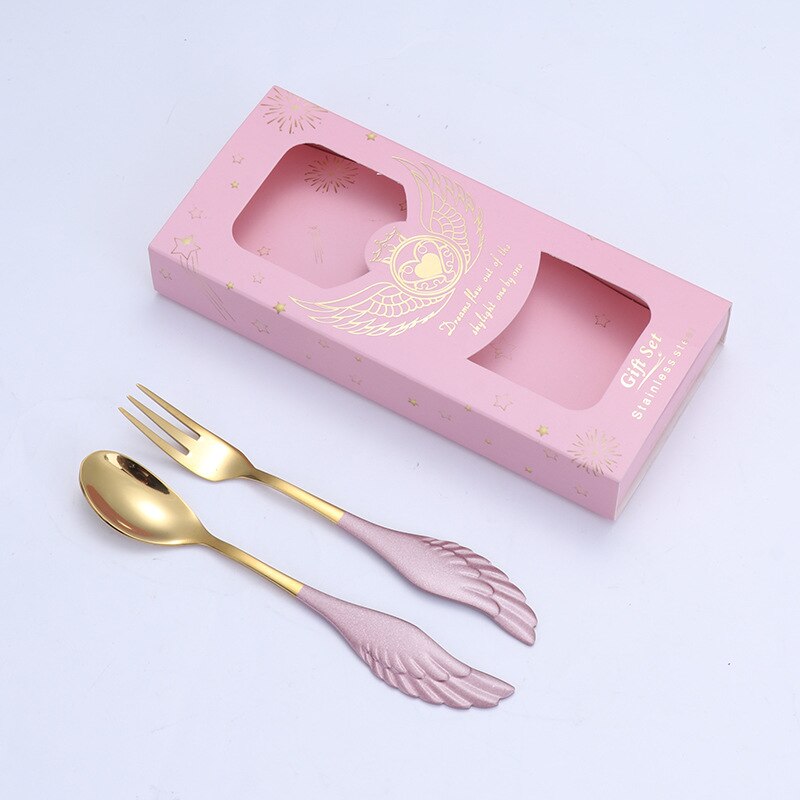 2 Pieces Dessert Spoon Fork 304 Stainless Steel Angel Wing Coffee Spoon Dessert Spoon Fruit Fork With Box: 10