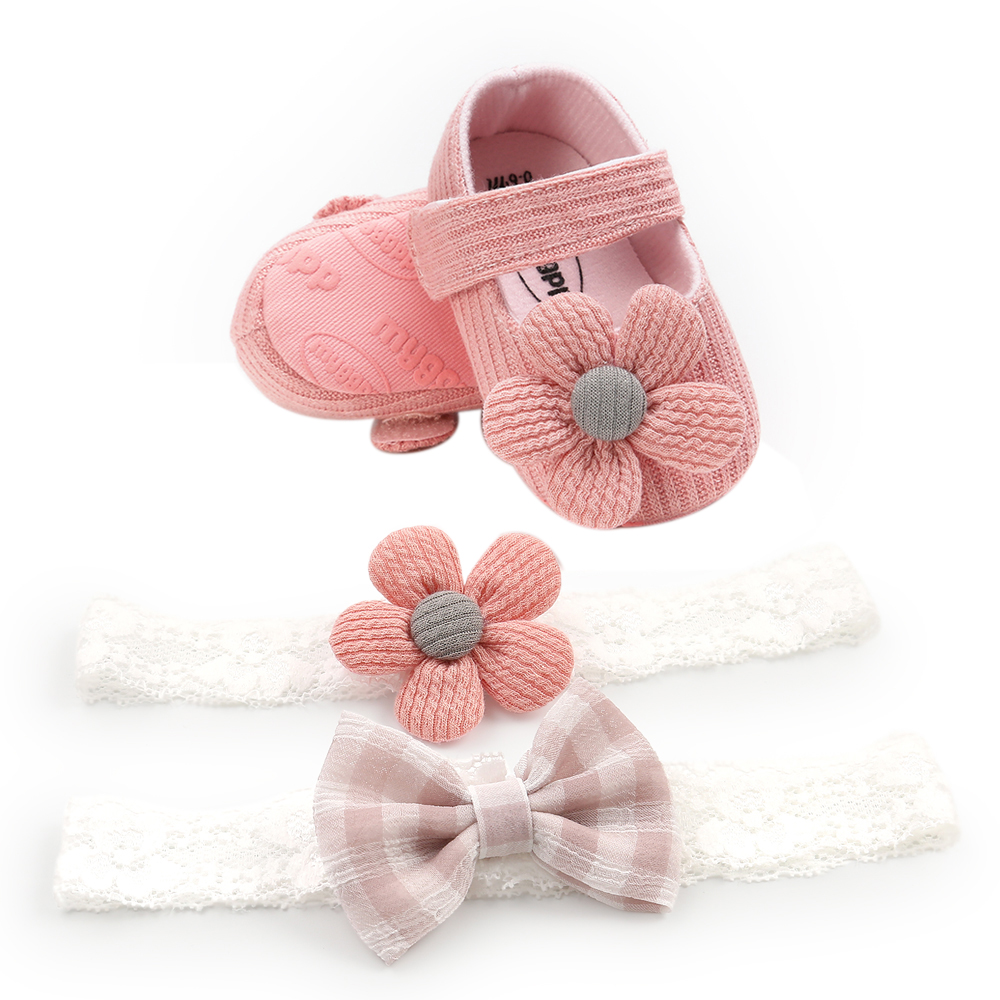 Zapatos para bebé niña de 0 a 18 meses, conjunto de lazo y Diadema Floral, suela suave de flores grandes, planos, primavera