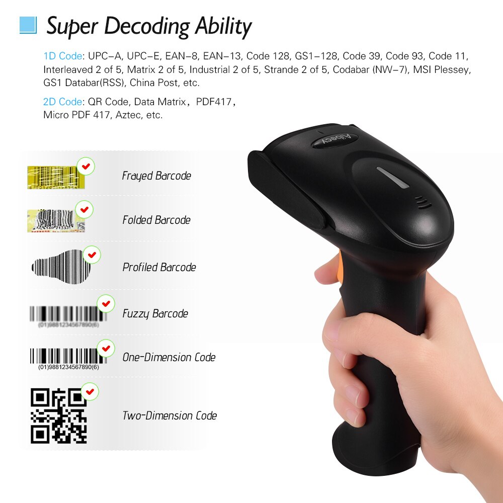 Aibecy Handheld Barcode Scanner USB 2.4G Wireless 1D 2D QR Code Scanner BT Reader CMOS Image Scanning Supplies