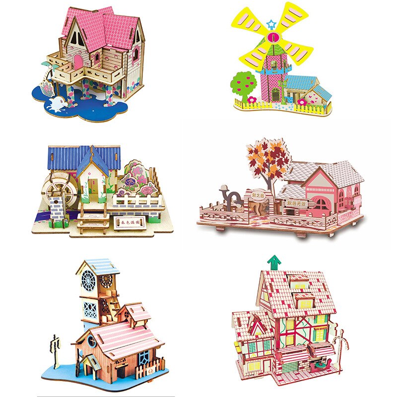 Wooden 3D three-dimensional handmade diy wooden puzzle cottage model children's toys