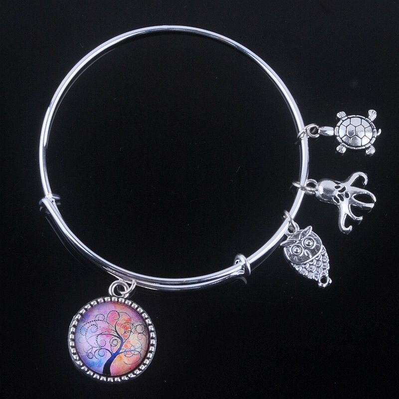 18 Styles Cabochon Dome Tree of Life charms Bracelet Adjustable Expandable Wire Bangles for Women Fine Jewelry B013