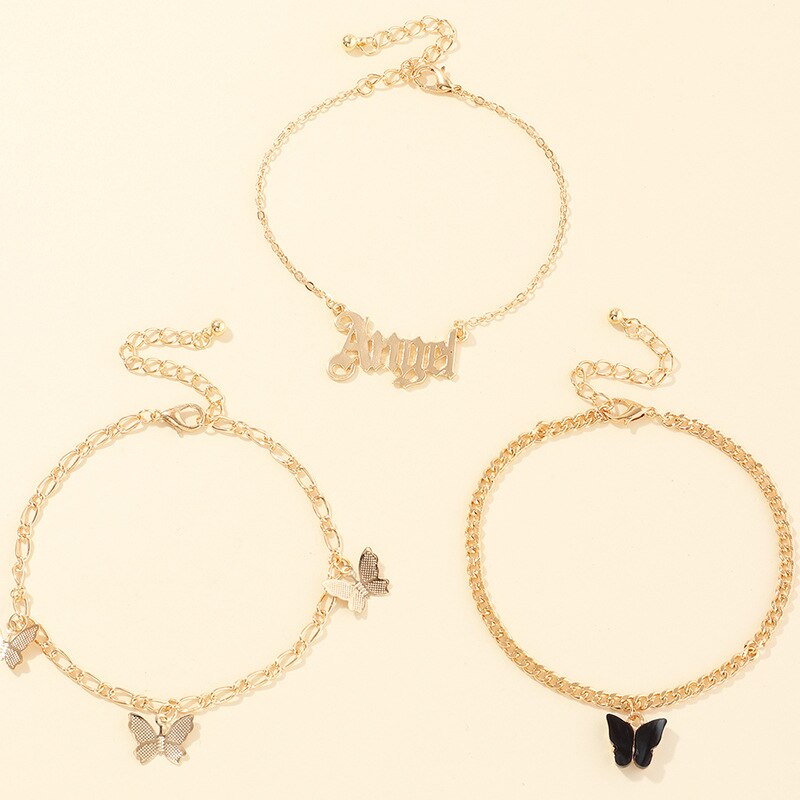 Zirkon anheng fotlenke trendy engelsk brev anheng fot ornament år nummer fotlenke smykker dame tilbehør: Svart sommerfugl
