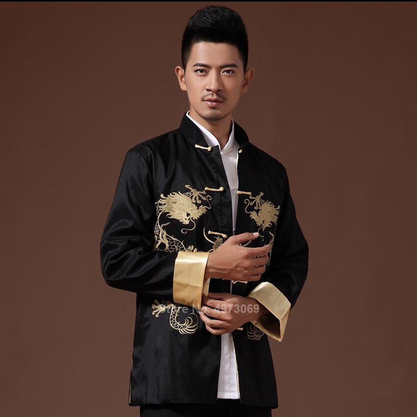 Costume traditionnel chinois brodé Dragon pour homme, haut de chemise, veste Cheongsam Hanfu, Vintage, 2022: Black / 3XL
