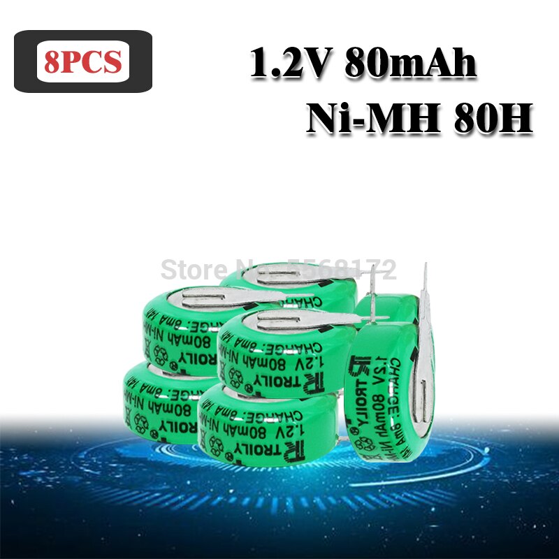 1.2V 80mAh Ni-MH Ni MH Rechargeable Batteries With Solder Pins Rechargeable Button Cell Battery For Electric Toys: 8pcs