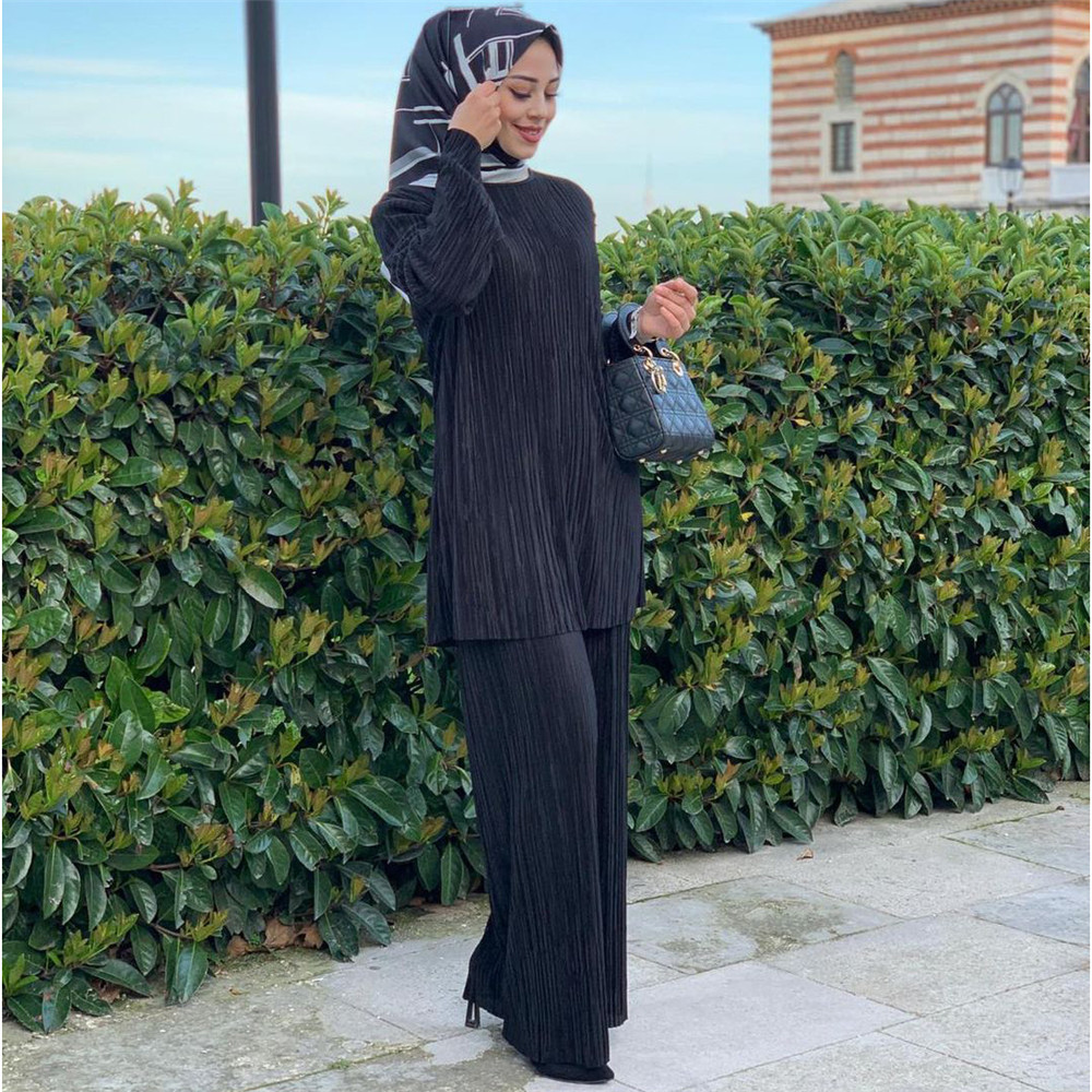 Ensemble 2 pièces pour femmes musulmanes, manches longues plissées, hauts, jambes larges, pantalons, costume, dubaï, Abaya, Kaftan turc, robe Eid Mubarak: Black / XL