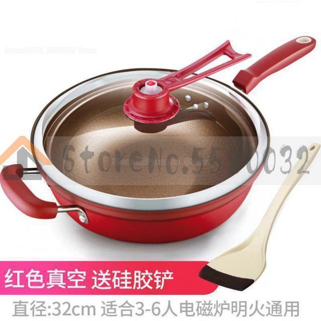 32Cm Ijzeren Pot Huishouden Keuken Inductie Fornuis Universele Pan Vacuüm Wok Non Stick Pan Geen Olie Rook Pot Pan met Cover: 2