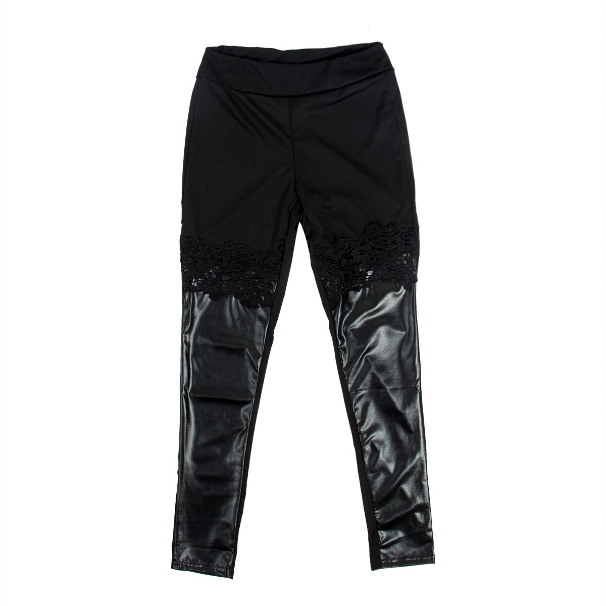 Dame stretch høj talje skinnende pu læderbukser skinny vogue blonder patchwork imiteret læder leggings blyantbukser slim fit: M