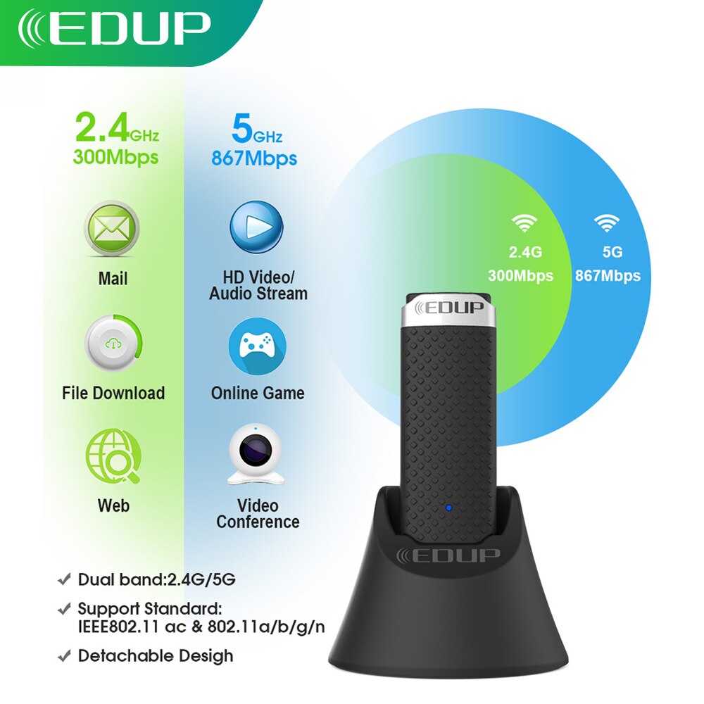 Edup usb wifi adaptador 5ghz 1200mbps 802.11ac receptor wi-fi com estender cabo estação base vertical usb 3.0 ethernet placa de rede