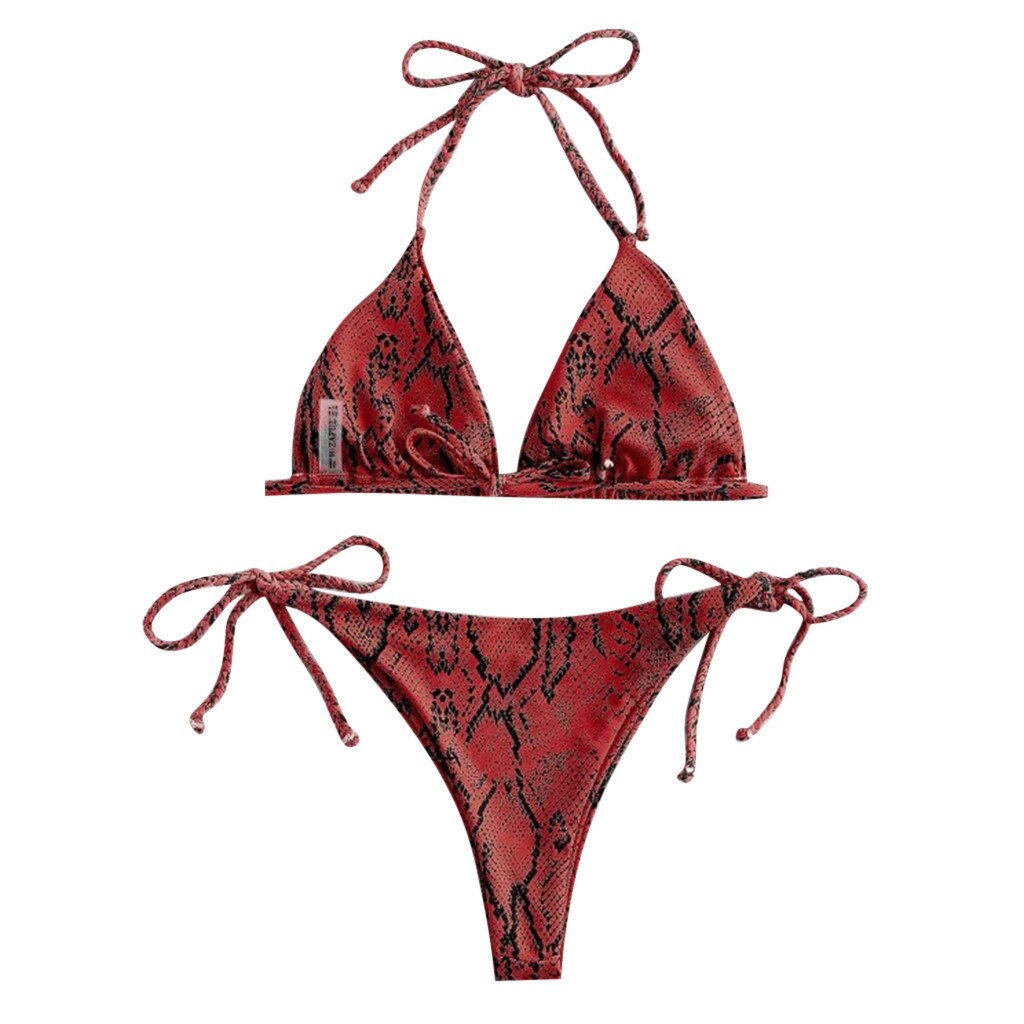 40 # femminile a vita alta costume da bagno bikini impostato pelle di serpente stampa appeso collo coulisse costumi da bagno costumi da bagno Купальник: Rosso / M
