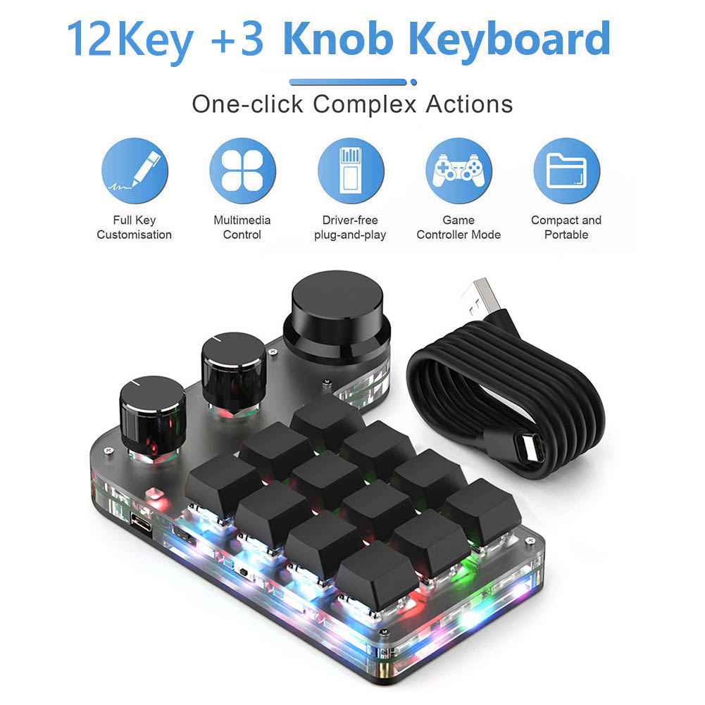 Ammtoo Programming Macro Custom Keyboard 12 Key 3 Knobs RGB 18 Character One Key Password Copy Paste Mechanical Hotswap Keypad: Pewter