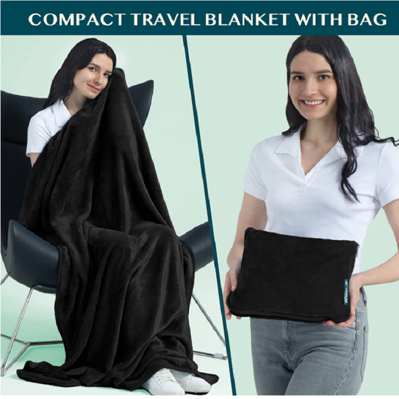 Couverture et oreiller de voyage, boucle à clipser, couverture combinée 2 en 1 en polaire douce et chaude pour avion, Camping, voiture, grande couverture compacte