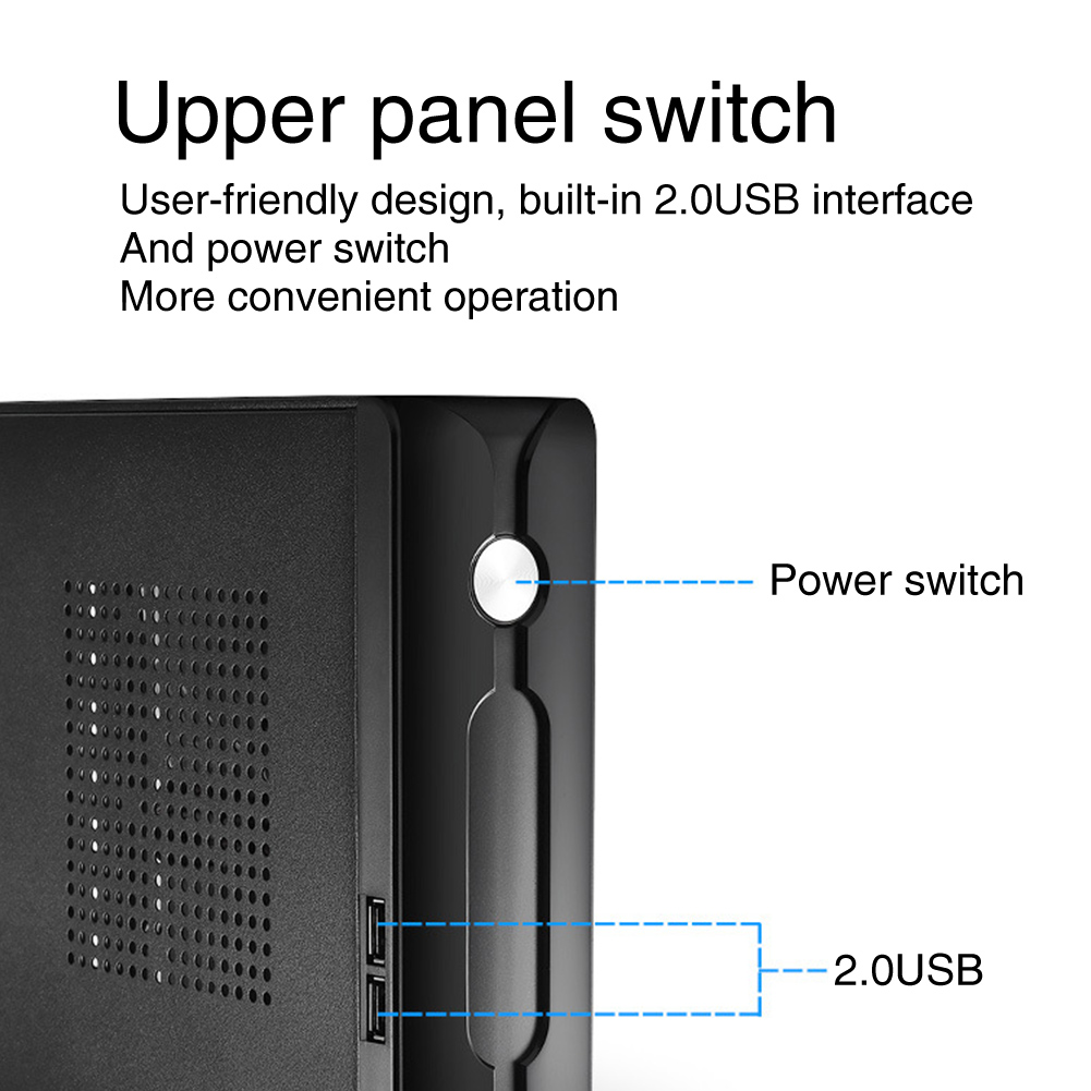 Boîtier HTPC pour ordinateur de bureau 2.0 USB, boîtier pour ordinateur de jeu, Horizontal, maison, châssis en métal, alimentation avec trou de radiateur, Mini ITX