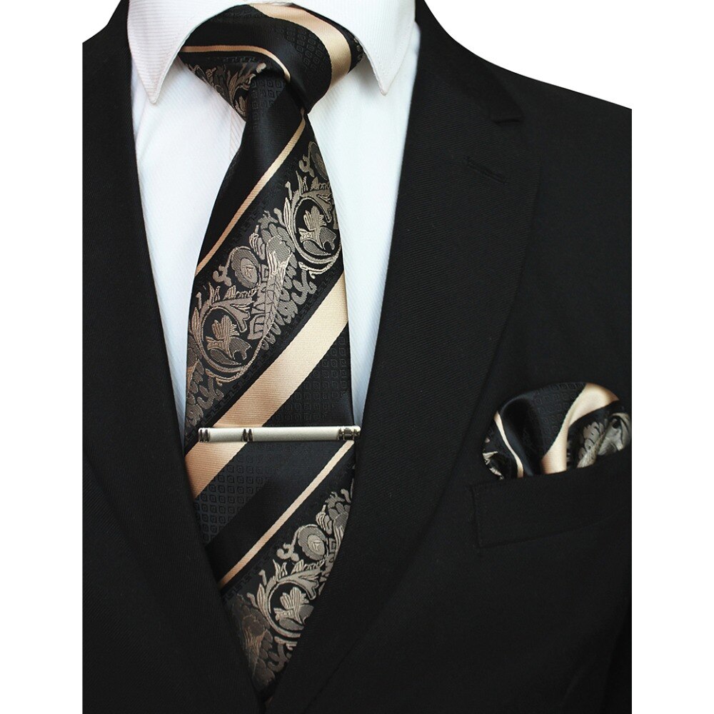 RBOCOTT 3PCS Men's Floral Tie Handkerchief Set Yellow Striped 8cm Necktie Pocket Square Tie Clip Red For Men Wedding Accessories