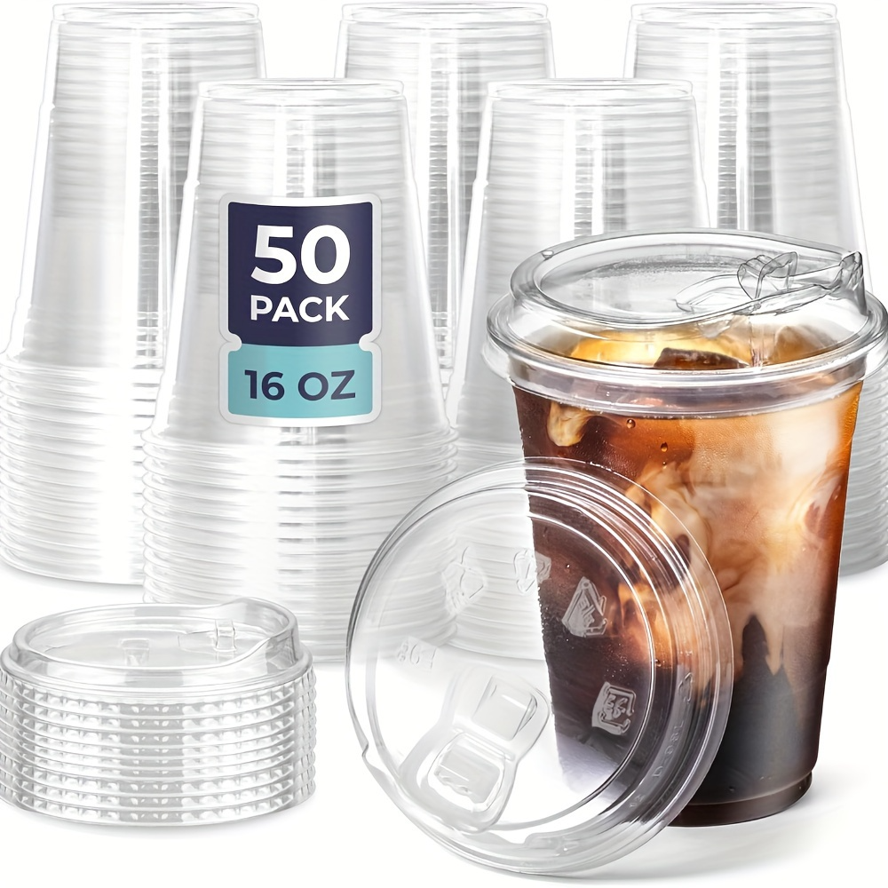 50 sett plastkopper med sugerørløse lokk, engangskopper til kalde drikker, bpa med lokk, engangskopper til iskaffe