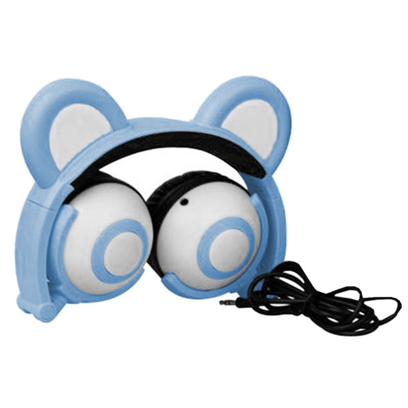 Cute Bear Ears Headset Adjustable Head-mounted LED Light Headphones Foldable Rechargeable Music Boys Girls Earphones: Blue