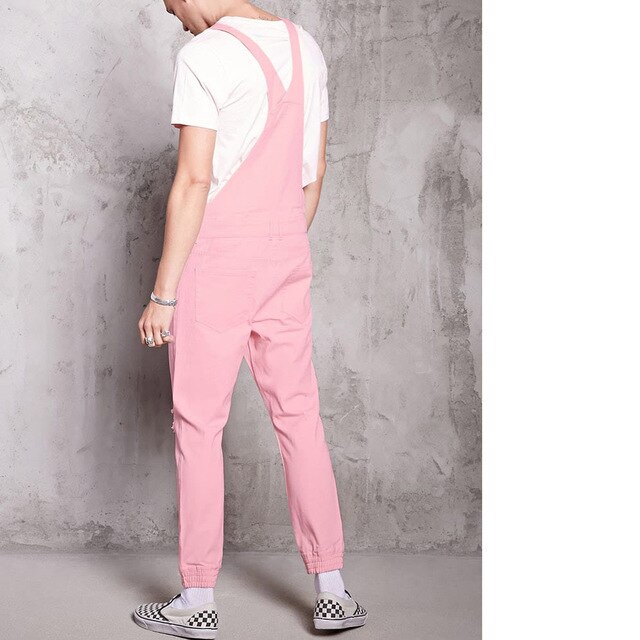 Rompertjes Heren Jumpsuit Mode Katoen Toevallige Mannelijke Denim Ripped Jeans Broek Roze Overalls Conjunto Masculino Plus Size