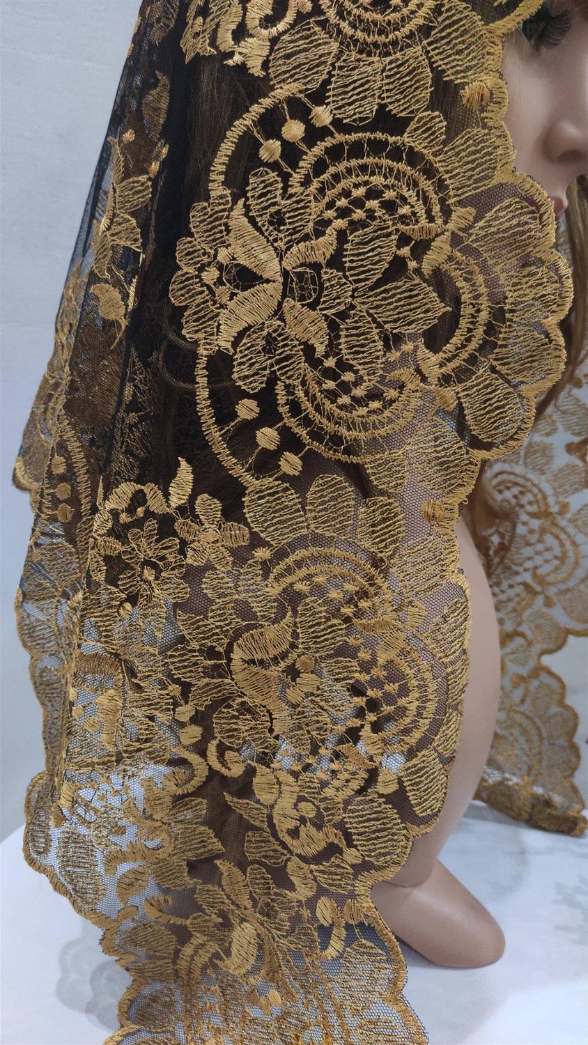 Gold Traditional Spanish Lace Mantilla Veil ,Embroidery Lace Wedding Veil