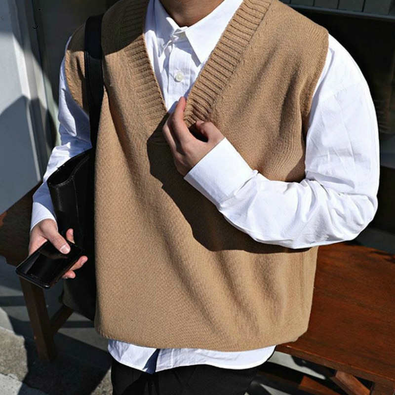 Sweater Vest Men V-neck Sleeveless Solid Simple All-match Leisure Mens Knitted Vests 2XL Oversize Chic Preppy Style Daily