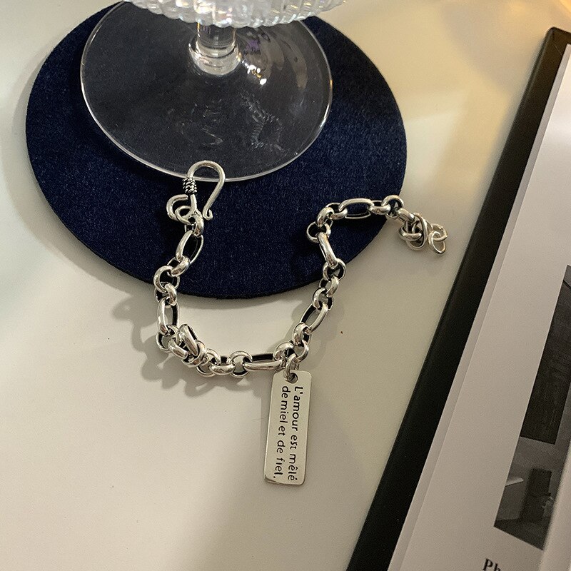 925 Sterling Silver Square Alphabet Bracelet for Women Men Thai Silver Chain Bracelet Vintage Jewelry S-B182