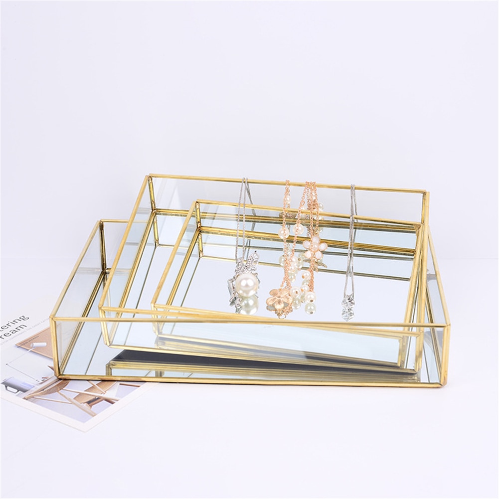 Nordic Retro Opbergvak Gold Rechthoek Glas Make Organizer Tray Dessertbord Sieraden Display Home Keuken Decor