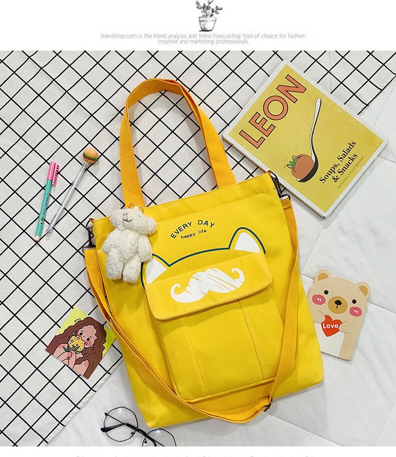 Grote Capaciteit Canvas Tas Schooltas Wilde Vrouwen Crossbody Tassen Cartoons Vrouwen Handtassen Schoudertassen Snor Tote Boodschappentas: Yellow with Bear