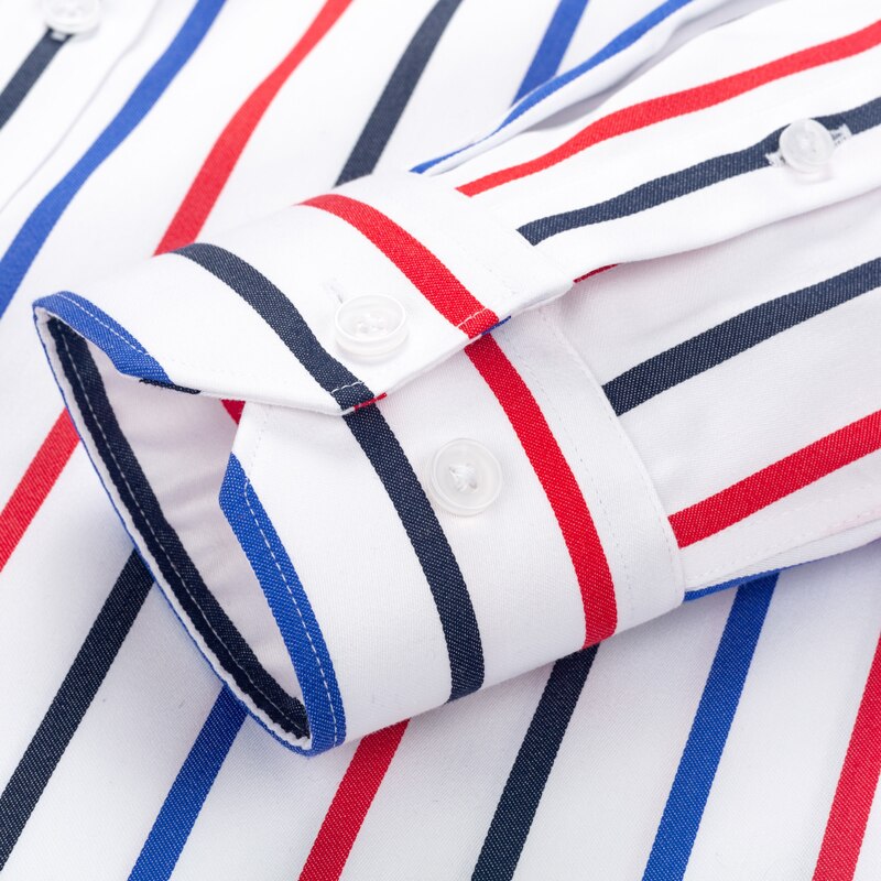 Men&#39;s Color Block Striped Wrinkle-Resistant Dress Shirt Long-Sleeve Standard-fit Hidden Button Collar Casual Pure Cotton Shirts