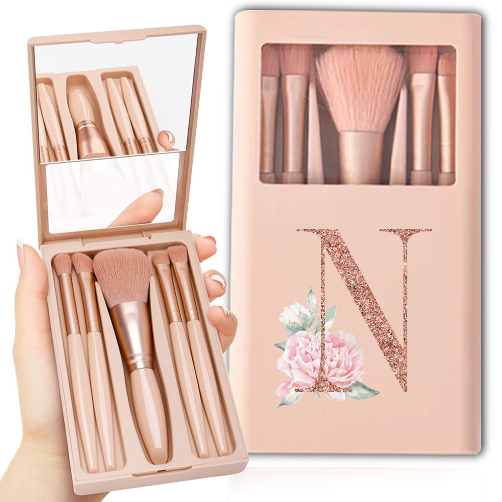Kit de brochas cosméticas con espejo y estuche, caja plegable, juego de brochas de maquillaje, herramienta de belleza portátil, patrón de letras de oro rosa, 5 uds.: Castaño