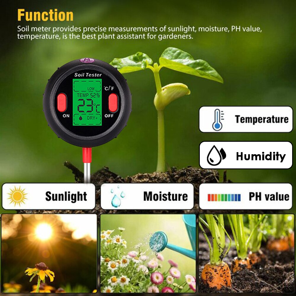 5-in-1 Moisture Meter Digital Soil pH Meter PH Levels Temperature Sunlight Intensity Humidity Tester Large Backlit LCD Display